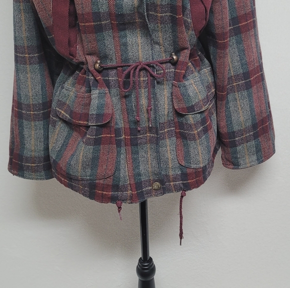 Out Brook Vintage 90s Marron Gray Plaid Wool Blend Tie-Waist Anorak Jacket S - Picture 5 of 15
